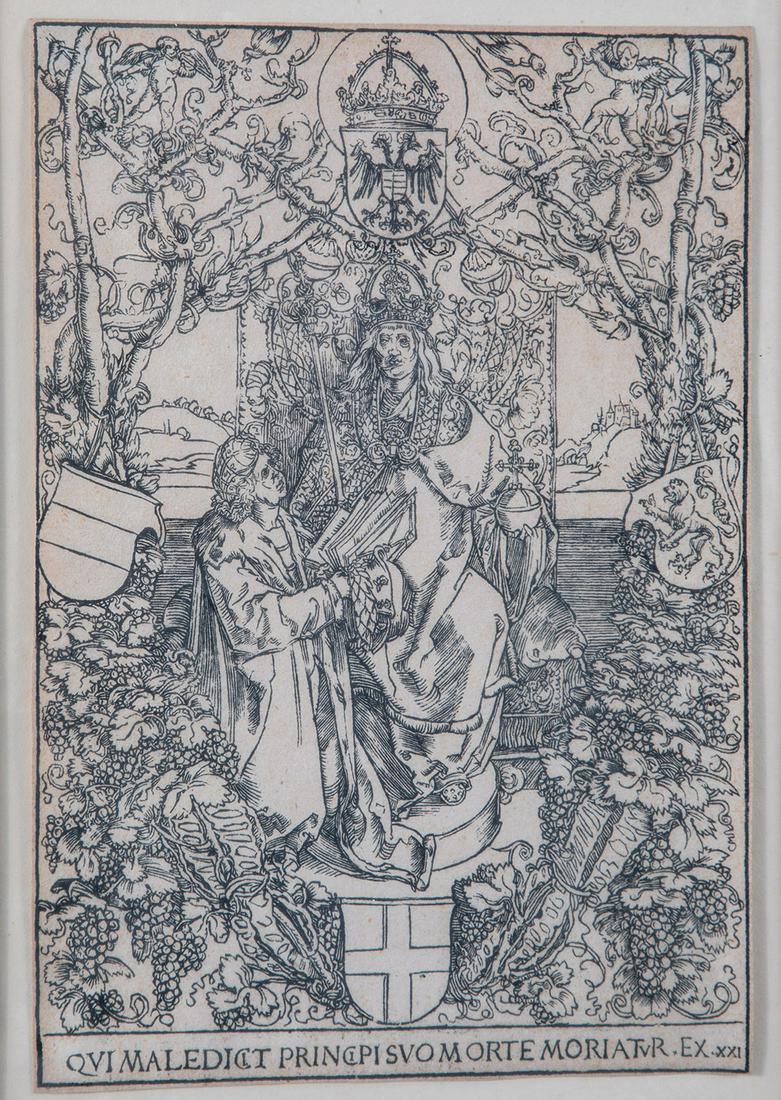 Albrecht DÃ¼rer: Albrecht DÃ¼rer 1471 NÃ¼rnberg - 1528 ebenda Conrad Celtis Ã¼berreicht sein Buch ''Quatuor Libri Amorum'' an Maximilian I. Holzschnitt auf Papier, beschnitten. Bezeichnet in Latein. Wohl Nachdru