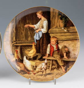 Sammlerteller ''Mädchen, Hühner fütternd'' aus einer: Sammlerteller ''Mädchen, Hühner fütternd'' aus einer Serie ''Ankers Erbe'' Langenthal, Schweiz, 1987 Feiner, polychromer Umdruckdekor nach einem Gemälde von Albert Anker aus dem Jahre 1865