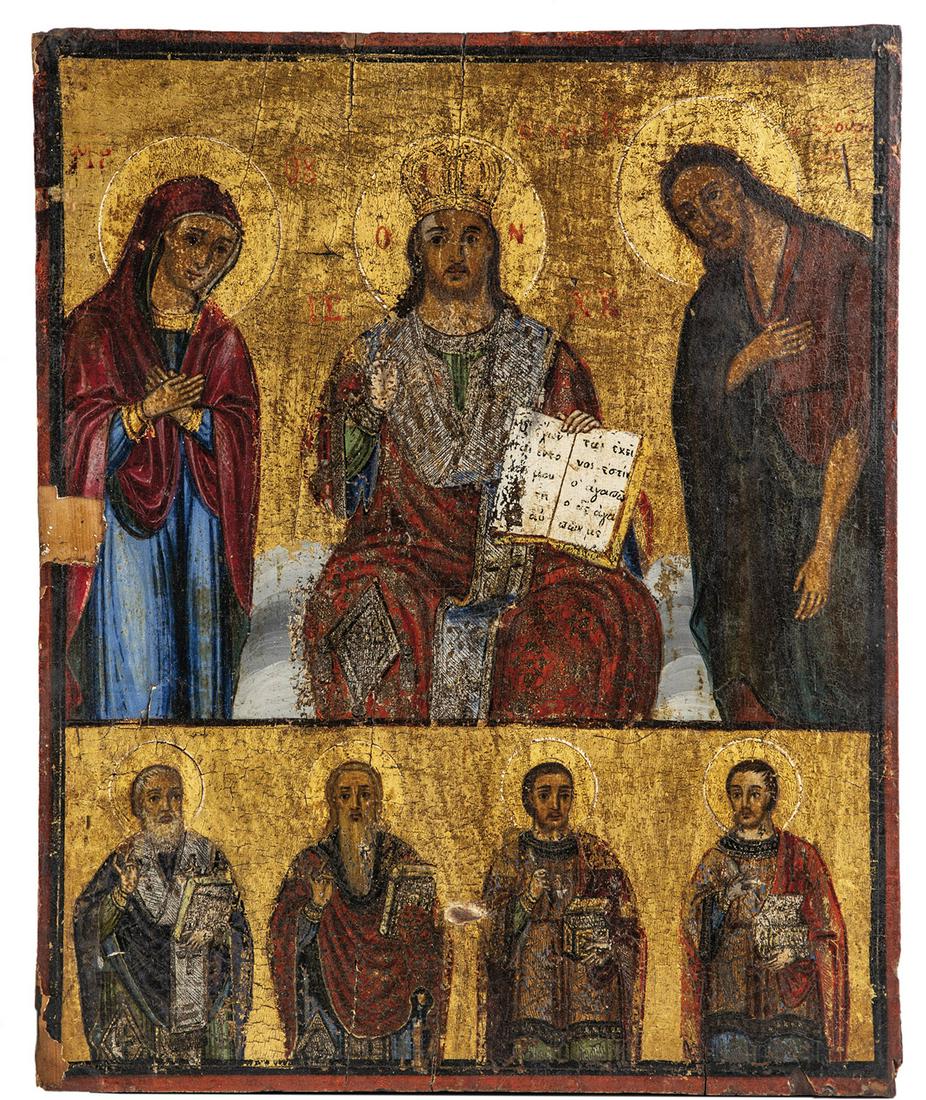 Zweifelder-Ikone mit der Deesis: Zweifelder-Ikone mit der Deesis Griechenland, um 1900 Holztafel mit zwei applizierten RÃ¼ckseiten-Sponki. Tempera auf Kreidegrund. Malschicht beschÃ¤digt. 35,5 x 29 cm