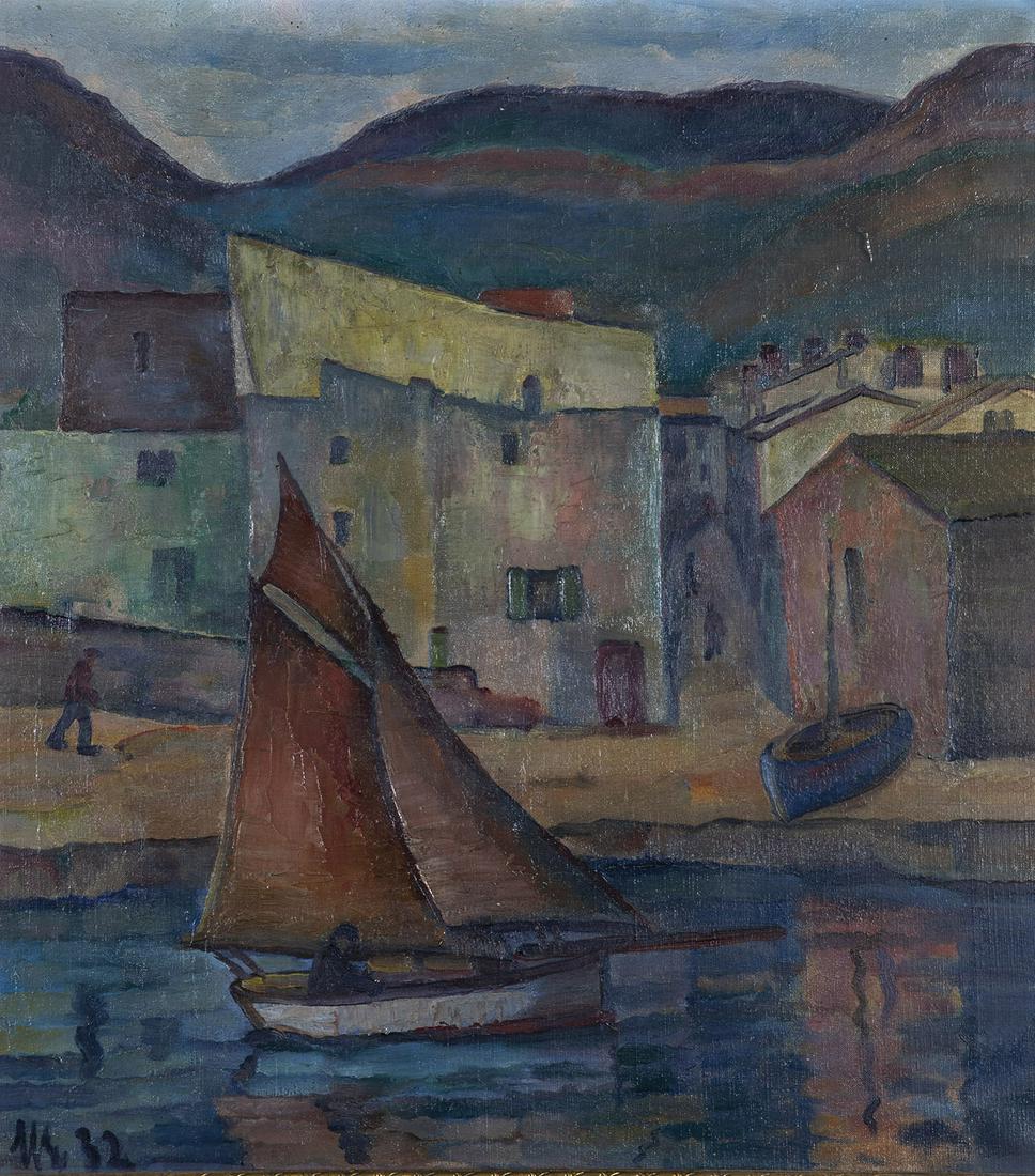 Hans Eder: Hans Eder 1883 Kronstadt - 1955 ebenda Ansicht eines sÃ¼dlÃ¤ndischen Fischerdorfes. Ã–l auf Leinwand. Monogrammiert unten links und datiert '32. 57 x 51 cm. Gerahmt.