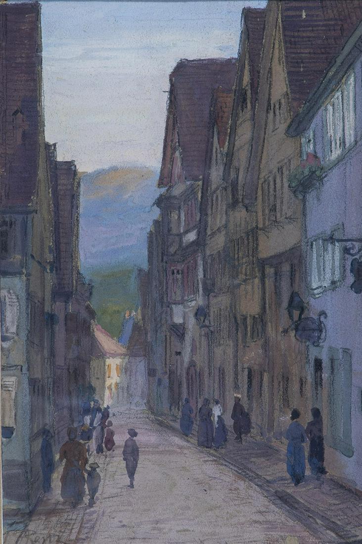 Alfred Renz: Alfred Renz 1877 Saulgau - 1930 Stuttgart Altstadtgasse mit FachwerkhÃ¤usern. Mischtechnik auf Papier. Signiert unten links. 24 x 16 cm. Gerahmt.