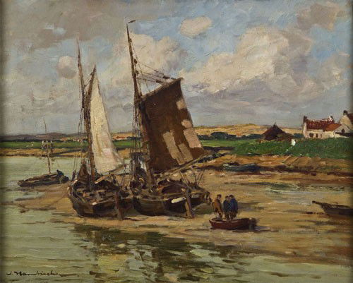 Hambüchen, Wilhelm: Hambüchen, Wilhelm Düsseldorf 1869 - 1939 ebd. Öl auf Leinwand. Küstenlandschaft mit Fischerbooten. Das aufgehellte Kolorit sowie ein schneller breiter Pinselduktus lassen auf die Hand des Düssel