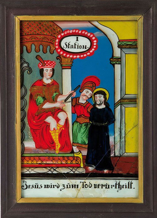 Stations of the Cross Sandl, first third of 19th ce: English: Stations of the Cross Sandl, first third of 19th cent. 14 stations in gold foil and colours, inscriptions in black. Station I and V in the lower part cracked, clued and retouched. Moulded ori