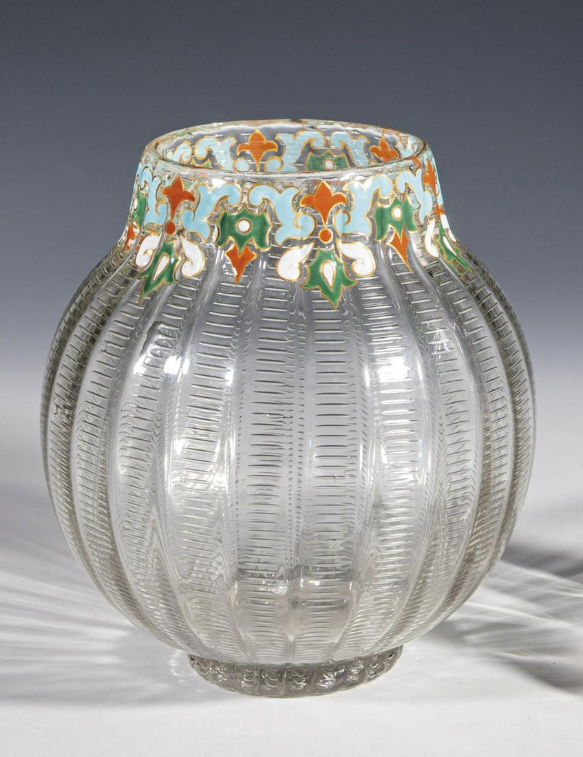 Ball vase: Spherical vase of the end of the 19th century. Colorless glass blown in ribbed model with one row of air bubbles each, on neck ornamental border in gold contoured enamel painting. Gold partly rubbed.