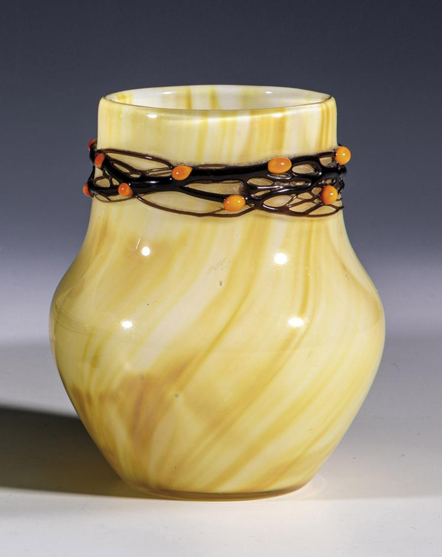 Vase: Vase Georg Carl v. Reichenbach (design), Benedikt von Poschinger, Oberzwieselau, 1906 - 1910 White opal. The colorless top layer veined yellow-brown. In strong relief irregularly spun with dark purple