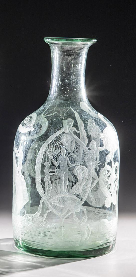 Large bottle: Large bottle Kristian Klepsch, 1974 Light green glass, all around with surreal deep cut decoration. Signed in engraving above the stand: Kristian Klepsch 74. h. 32 cm