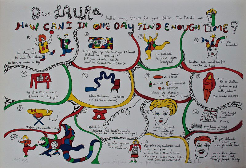 Niki de Saint Phalle: Dear Laura, how can I in one day find enough time?. Serigraph in colours, numbered lower left in pencil "E.A. 28/30", signed in pencil "pour Stefanie love from Niki". 52 x 73.3 cm. Provenance: Gift of