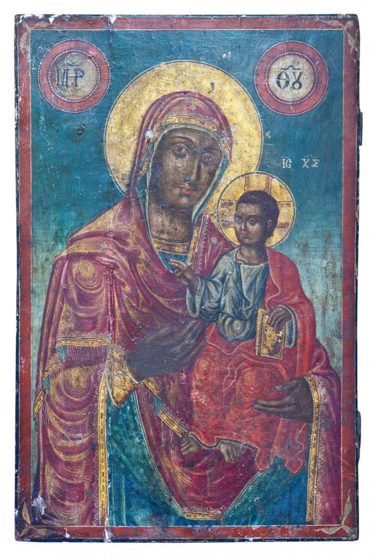 Große Ikone mit der Gottesmutter Hodegetria: Katalogbeschreibung English: A large icon of the Hodegetria Mother of God. Tempera on wood panel. Depicted half-length, the Mother of God facing the onlooker while inclining her head towards her son