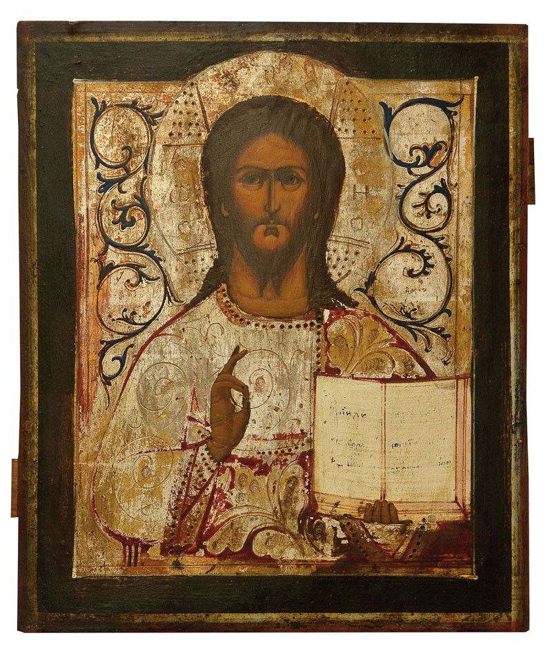 Christus Pantokrator: Katalogbeschreibung English: Christ Pantokrator. Tempera on wood panel against a silver background. Traditionally painted. Worn. South Russian, 19th century. 31 x 26 cm. Katalogbeschreibung Deutsch: