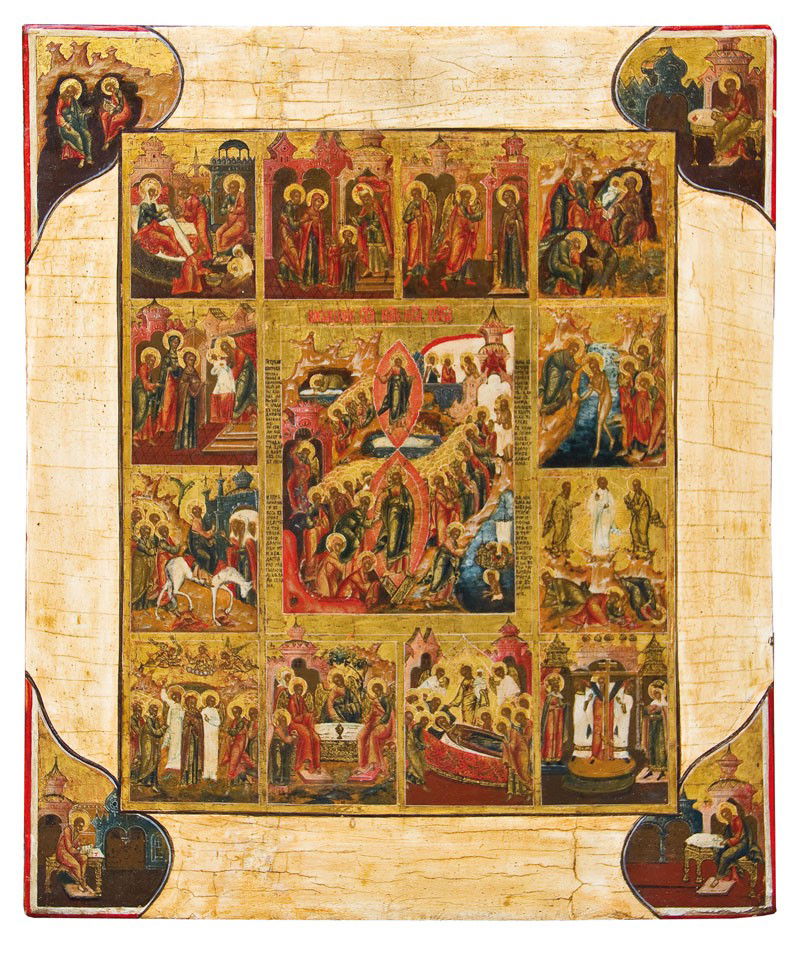 Festtagsikone: Katalogbeschreibung English: A finely painted icon of the Resurrection and Feasts. Tempera on wood panel. At the center the image of the Descent into Hell and the Resurrected Christ, triumphant over