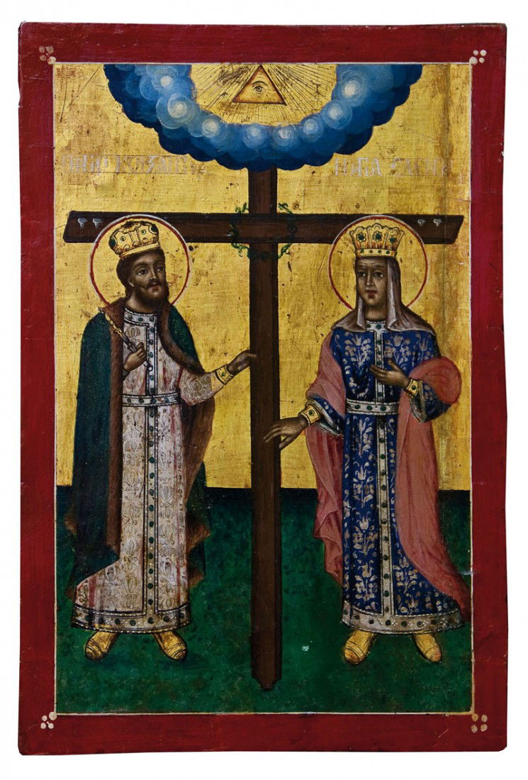 Konstantin und Helena: Katalogbeschreibung English: Sts. Constantine and Helena supporting the True Cross. Tempera on wood. Against a golden background. Vertical crack restored. Greek, 19th century. 42 x 28.3 cm. Katalogbe