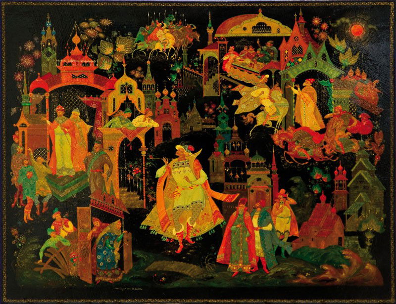 Großes Lackpanel: Katalogbeschreibung English: A lacquer panel multi-coloured, painted with Russian fairy tales. Papiermaché. Signed, numbered "5919" and dated in Cyrillic on the lower border. Palekh, Nikolai Pavlovi