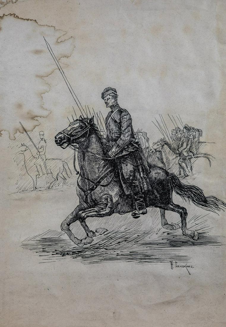 Nikolai Semenovich Samokish (attrib.): Nikolai Semenovich Samokish (attrib.) 1860 Nishyn/Ukraine - 1944 Simferopol Soldiers on horseback. Ink on paper, water stain. Inscribed in Cyrillic lower right. Unframed.