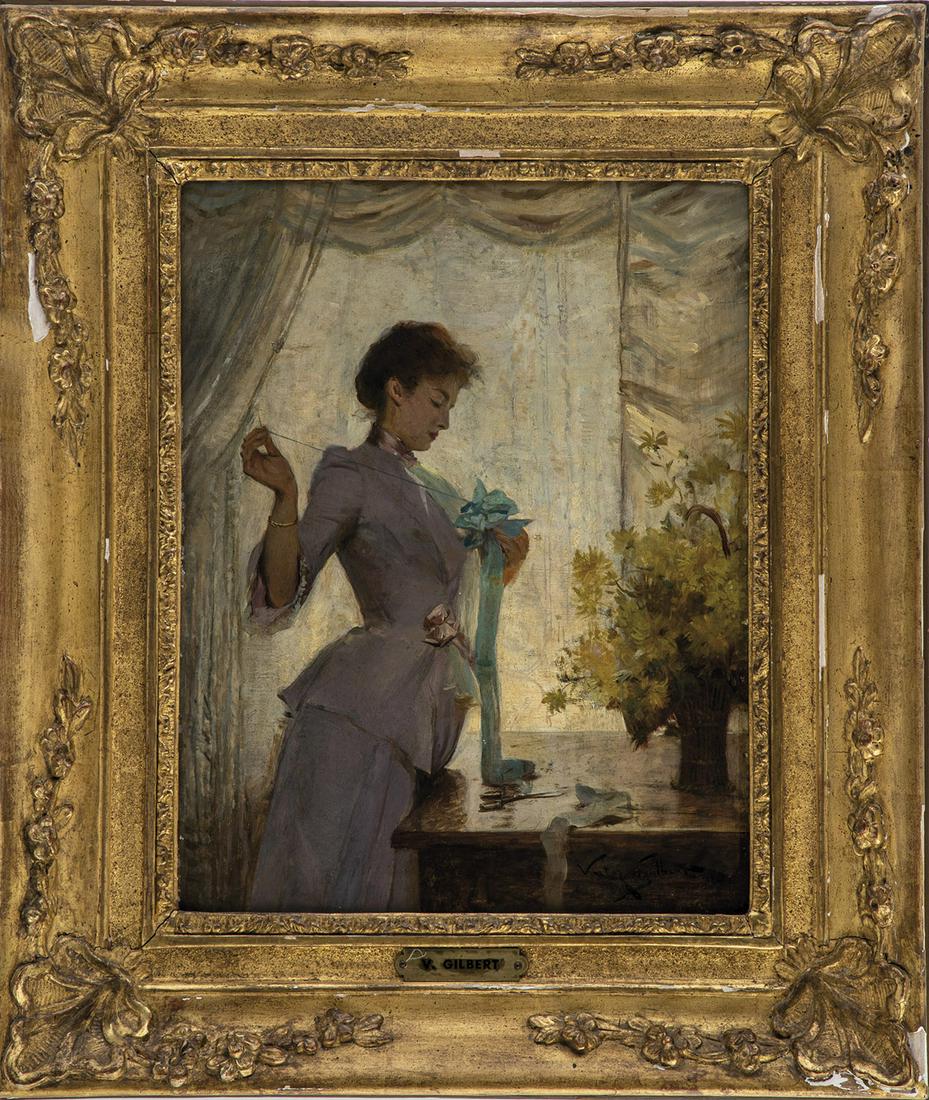 Victor Gabriel Gilbert: Victor Gabriel Gilbert 1847 Paris - 1935 ibid ''Naehende Frau am Fenster''. Oil on wood. Signed lower right. 35 x 27 cm. Frame dam.