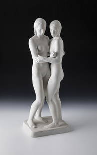 Two Sisters (Second Version): Two Sisters (Second version) Richard Scheibe (design), KPM Berlin (execution), c. 1935 Biscuit porcelain. On rectangular base, two facing each other. Bottom with pressed scepter mark and letters ''J''