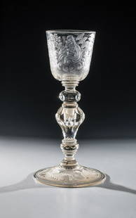 Large screw cup: Large screw-in goblet Bohemia, c. 1690 Slightly rising disc base with cut floral garland and inscription: ''FRANZ FREIDEN PERGER''. The solid faceted baluster stem, which can be screwed apart,