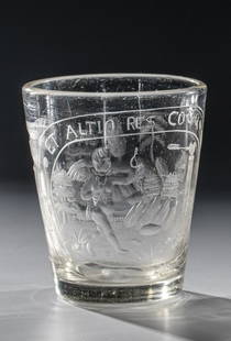 Cup with cupid: Cup with Cupid Bohemia, A. 18th c. On the widened wall with spherical demolition cartouche with Cupid shooting an arrow at a heart. Above inscription ''ET ALTIO RES COGO''. On the back tree-covered