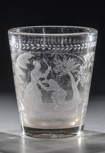 Mocking cup: Mocking cup from the KrkonoÅ¡e, around 1700, manganese-tinted glass with breakage. Circumferentially cut, partly slipped decoration: lady hitting a man with a stick, grape decoration and