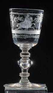 Goblet with equestrian depictions: Goblet with equestrian depictions Bohemia, c. 1700 Disc base with demolition. Jointed stem consisting of hollow baluster between ring discs. On the widened dome three mat cut horsemen on landscape