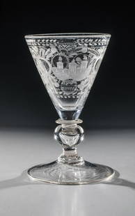 Funnel Cup: Funnel goblet Brandenburg or Bohemia, E. 17th century. Disc base with demolition. Air bubble pierced in the baluster shaft. Circumferential matte cut floral border with frontal architectural