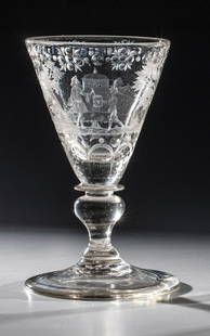 Cup with erotic scene: Goblet with erotic scene Brandenburg, Potsdam, around 1680-1700 Colorless, thick-walled glass with deep cut and cut. Base of the goblet with break. Baluster stem, ring disc at dome base. On the