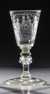 Cup with mockery: Goblet with mocking depiction Bohemia, A. 18th c. Disc base with demolition. Hollow baluster shaft with ball mode and ring discs. On the widened wall deep cut scene with lady and three gentlemen in