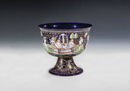 Foot bowl ''Coppa Nuziale'': Foot bowl ''Coppa Nuziale'' Murano, c. 1860-1870 Blue glass with gold and colorful enamel painting modeled on the so-called ''Coppa Barovier'' by Angelo Barovier (1470-1480) in the Murano Glass Museum