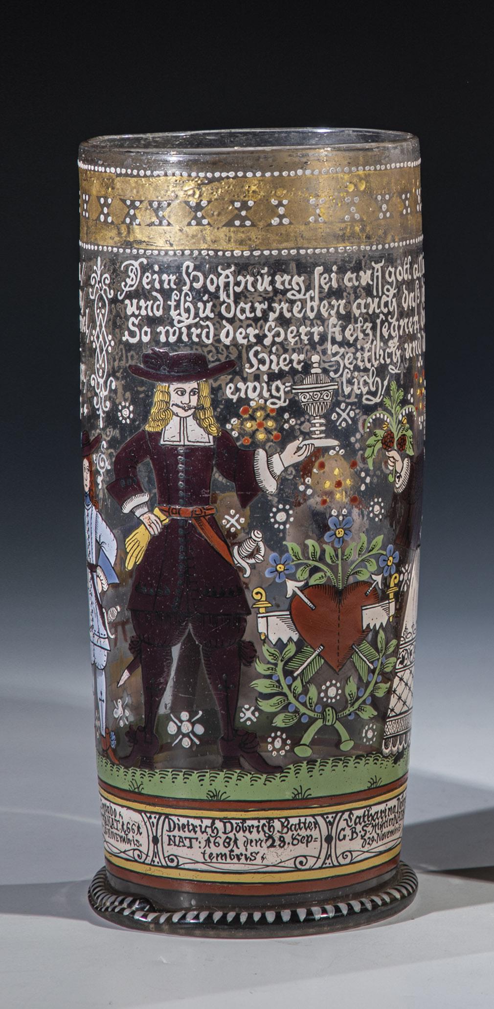 Family tankard: Family tankard Fritz Heckert, Petersdorf, c. 1885 On the cylindrical wall with a high base and demolition polychrome and finely executed decor: the couple Dietrich and Catharina DÃ¶brich with childr