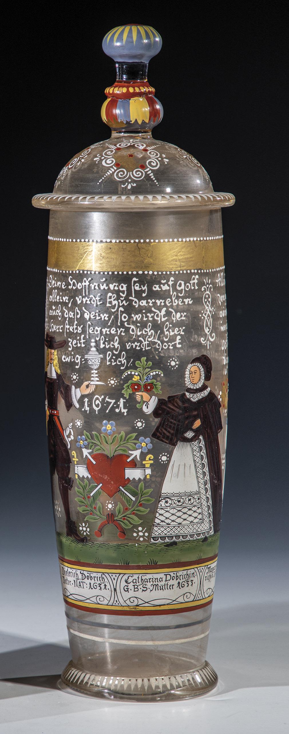 Family lidded tankard: Family lidded tankard Fritz Heckert, Petersdorf, around 1885 On the cylindrical wall with stand ring polychrome decoration: the couple Dieterich and Catharina DÃ¶brich with children, below the names