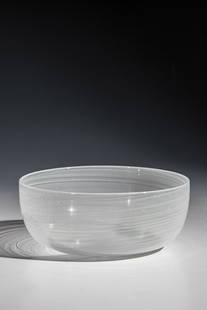 Bowl ''a mezza filigrana'': Bowl ''a mezza filigrana'' Carlo Scarpa (design), Venini, Murano, 1932 - 36 Colorless glass with fused threads in opaque white ('lattimo'). Inscription: venini murano (two-line etching stamp). H. 5.5