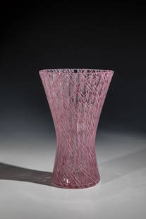 Vase ''Zanfirico'': Vase ''Zanfirico'' Charles Lin Tissot (design), Venini, Murano, 1955 Colorless glass, with fused 'zanfirico' glass rods in pink. Marked: venini murano ITALIA (etched stamp). H. 16,5 cm Lit.: Marino