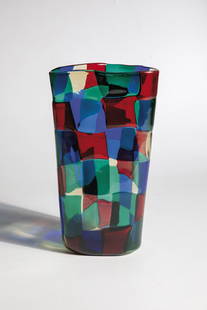 Vase ''Pezzato: Vase ''Pezzato'' Fulvio Bianconi (design), Venini, Murano, c. 1951 Colorless glass, with densely fused platelets ('tessere') in red, blue, green and beige. Triangular in cross-section. Marked: venini