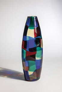 Vase ''Pezzato: Vase ''Pezzato'' Fulvio Bianconi (design), Venini, Murano, c. 1951 Colorless glass, with densely fused platelets ('tessere') in red, blue, green and beige. Inscription: venini italia (vibro-engraving,