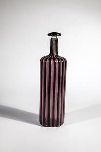 'Morandiana (I)'' Bottle with stopper ''A canne'': 'Morandiana (I)'' Bottle with stopper ''A canne'' Gio Ponti (design), Venini, Murano, 1949 - 50 Colorless glass with fused ruby pink and green glass rods ('a canne'). Inscription: venini italia