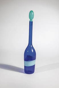 Bottle with stopper ''A fasce: Bottle with stopper ''A fasce'' Paolo Venini (design), Venini, Murano, 1956 Blue glass with opaque turquoise ribbon enamel ('a fasce'). Marked: venini murano ITALIA (etching stamp). H. 35 cm Lit.: