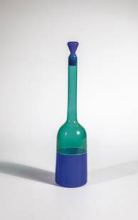 Bottle with stopper ''Incalmo: Bottle with stopper ''Incalmo'' Paolo Venini (design), Venini, Murano, 1956 Opaque blue and green glass, fused together in 'incalmo' technique. H. 34 cm Lit.: Marino Barovier & Carla Sonego (eds.),