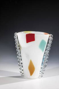 Vase ''pulegoso arlecchino '': Vase ''pulegoso arlecchino '' Dino Martens (design), Aureliano Toso, Murano, 1954 Milky white bubble glass ('pulegoso') with fused colored glass plates. Laterally leaf-shaped pinched appliquÃ©s in