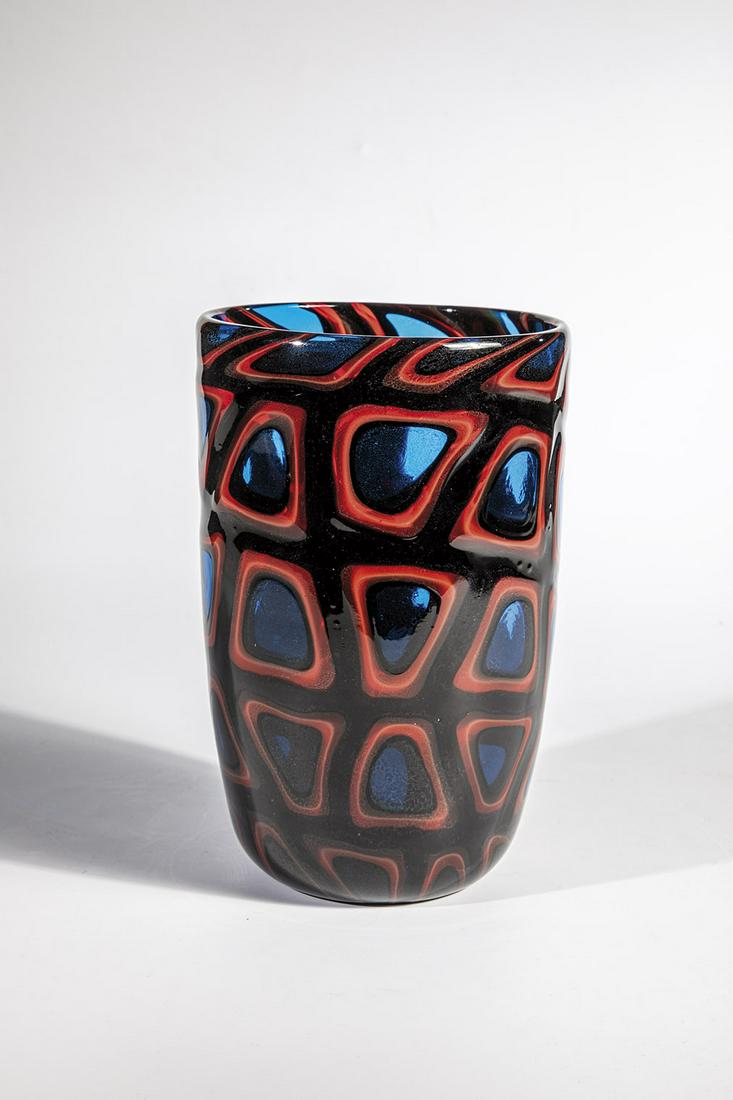 Vase ''Cattedrale'': Vase ''Cattedrale'' Pollio Perelda (design), Fratelli Toso, Murano, 1954 Colorless glass with fused murrine ''Cattedrale'' in red, blue and black. Original label of the manufactory. H. 23 cm Lit: M. H
