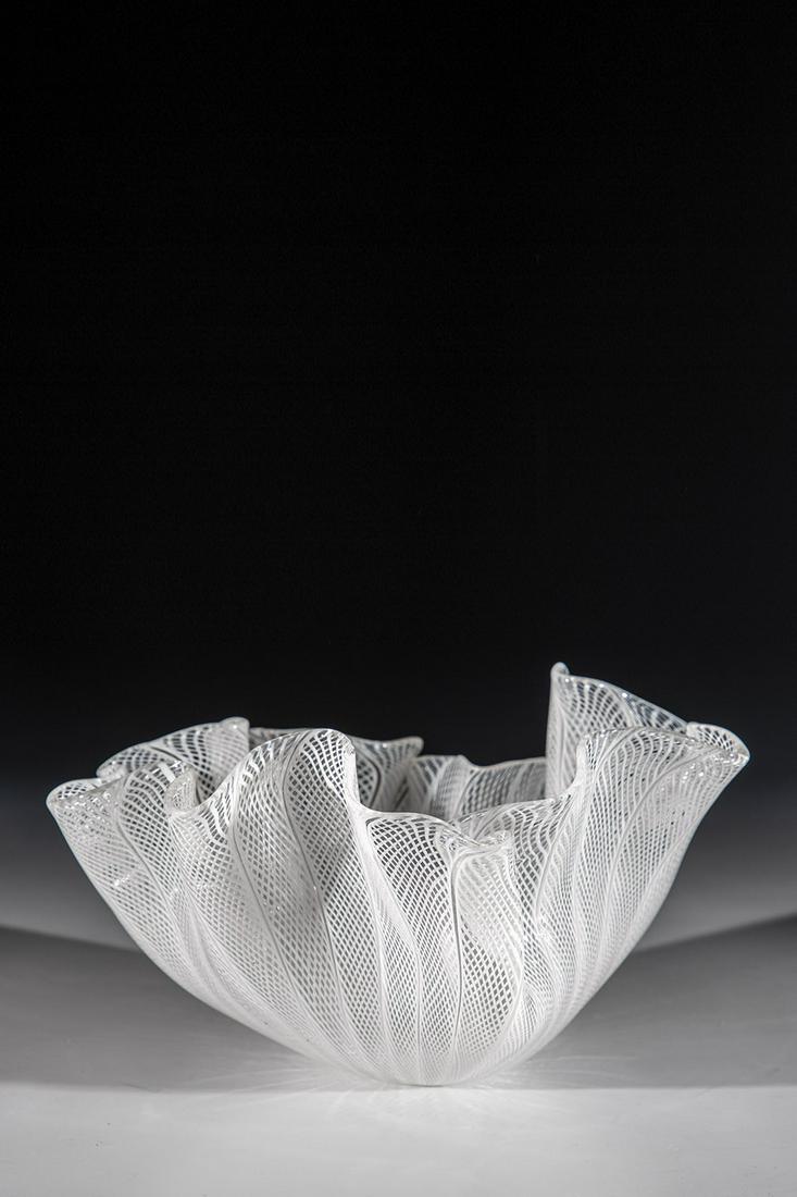 'Handkerchief''- Vase ''zanfirico'': 'Handkerchief'' vase ''zanfirico'' Fulvio Bianconi (design), Venini, Murano, c. 1955 Colorless glass, with white 'zanfirico' glass rods. Production defect. Marked: venini murano ITALIA (etching stamp)