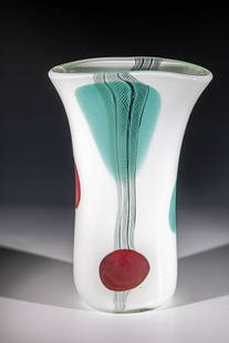 Large vase ''Spots: Large vase ''Spots'' Anzolo Fuga (design), Arte Vetreria Muranese ( A.V.E.M ), Murano, 1955 - 56 Colorless thick-walled glass, milky white underlay, with fused large spots in red and turquoise and 'za