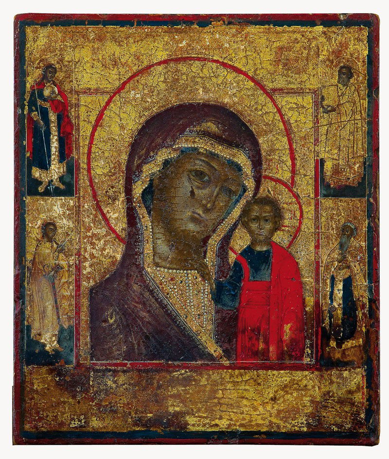 Gottesmutter von Kasan: Katalogbeschreibung deutsch: Gottesmutter von Kasan Vetka, Mitte 19. Jh. Verbund aus zwei Nadelholz-Brettern mit zwei Stirnseiten-Sponki. Eitempera auf Goldgrund auf Lewkas. Traditionelle Darstellung