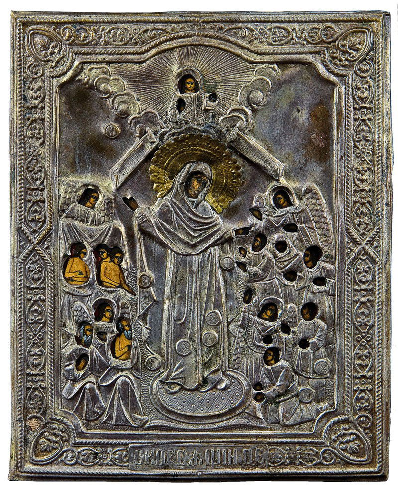 Drei Ikonen mit Oklad: Katalogbeschreibung deutsch: Drei Ikonen mit Oklad Russland, 19. Jh. Tempera auf Kreidegrund auf Holz. Bestehend aus der Gottesmutter ''Unerwartete Freude'' (31 x 26,5 cm), der Gottesmutter ''Znameni