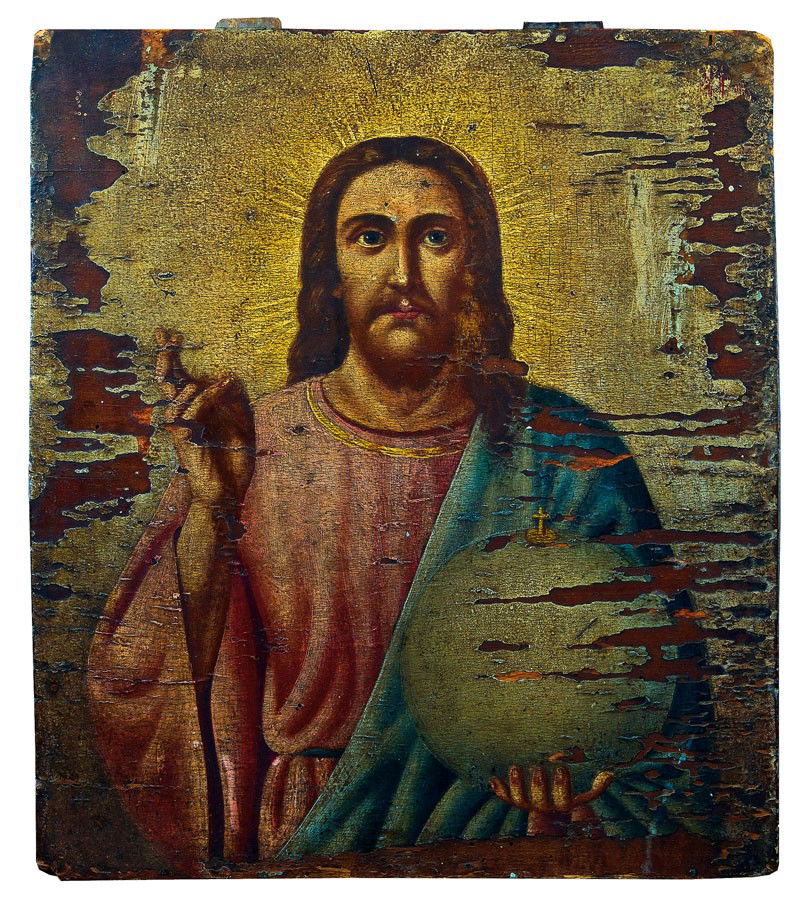 Drei Ikonen mit Christus Pantokrator: Katalogbeschreibung deutsch: Drei Ikonen mit Christus Pantokrator Russland, 19. Jh. Tempera auf Kreidegrund auf Holz. Bestehend aus einer Ikone mit Christus Pantokrator mit ornamental graviertem Rand