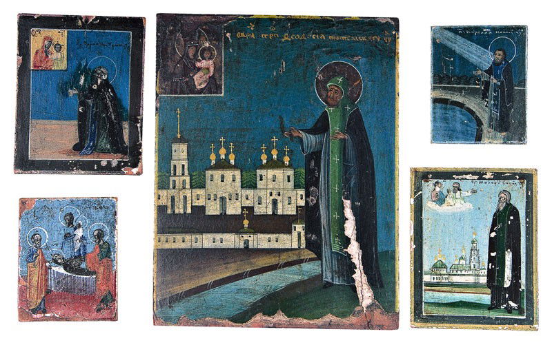 Fünf Miniaturikonen: Katalogbeschreibung deutsch: Fünf Miniaturikonen Russland, 19. Jh. Tempera auf Kreidegrund auf Holz. Darstellung von vier Klostergründern sowie dem Entschlafen der Gottesmutter. Teils besch. H. 6,5