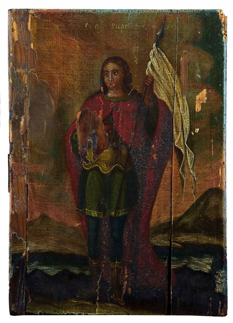 Zwei Ikonen mit dem heiligen Nikolaus von Myra und: Katalogbeschreibung deutsch: Zwei Ikonen mit dem heiligen Nikolaus von Myra und dem heiligen Georg von Lydda Ukraine, 19. Jh. Tempera auf Holz. Teils Substanzverluste, vertikaler Risse. 31,5 x 22 cm