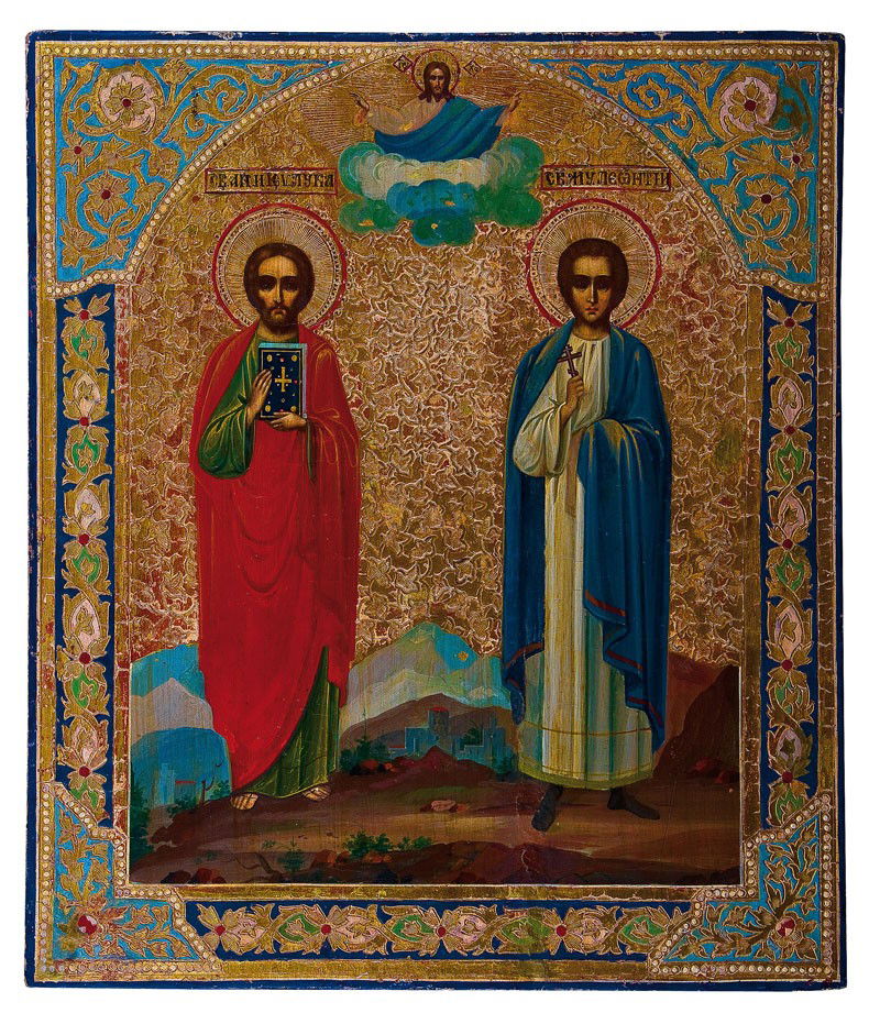 Patronatsikone mit zwei Heiligen: Katalogbeschreibung deutsch: Patronatsikone mit zwei Heiligen Russland, Ende 19. Jh. Verbund aus zwei Nadelholz-Brettern mit zwei Rückseiten-Sponki. Eitempera auf Kreidegrund, Hintergrund und Rand v