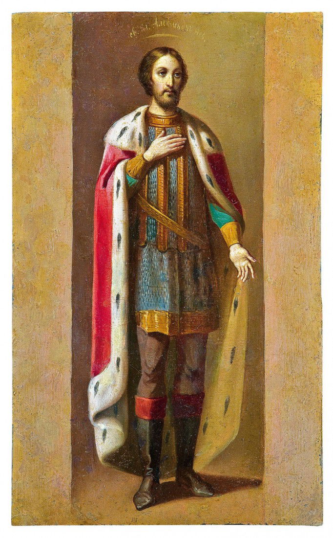 Heiliger Alexander Newski: Katalogbeschreibung deutsch: Heiliger Alexander Newski Russland, um 1900 Ölmalerei auf Metall. Ganzfigurige, nach rechts gewandte Darstellung des Heiligen im Hermelinmantel. Kyrillisch Beschriftung.