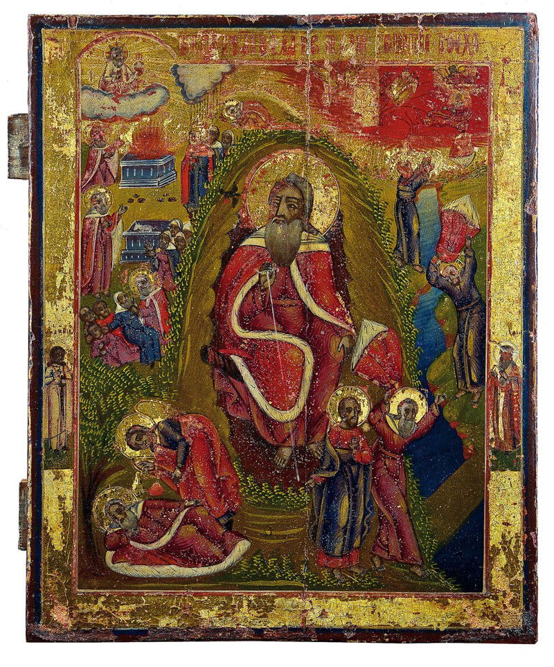 Große Ikone mit Szenen aus dem Leben des Propheten: Katalogbeschreibung deutsch: Große Ikone mit Szenen aus dem Leben des Propheten Elias Russland, Vetka, Mitte 19. Jh. Verbund aus zwei Laubholz-Brettern mit zwei Rückseiten-Sponki. Eitempera auf Kre