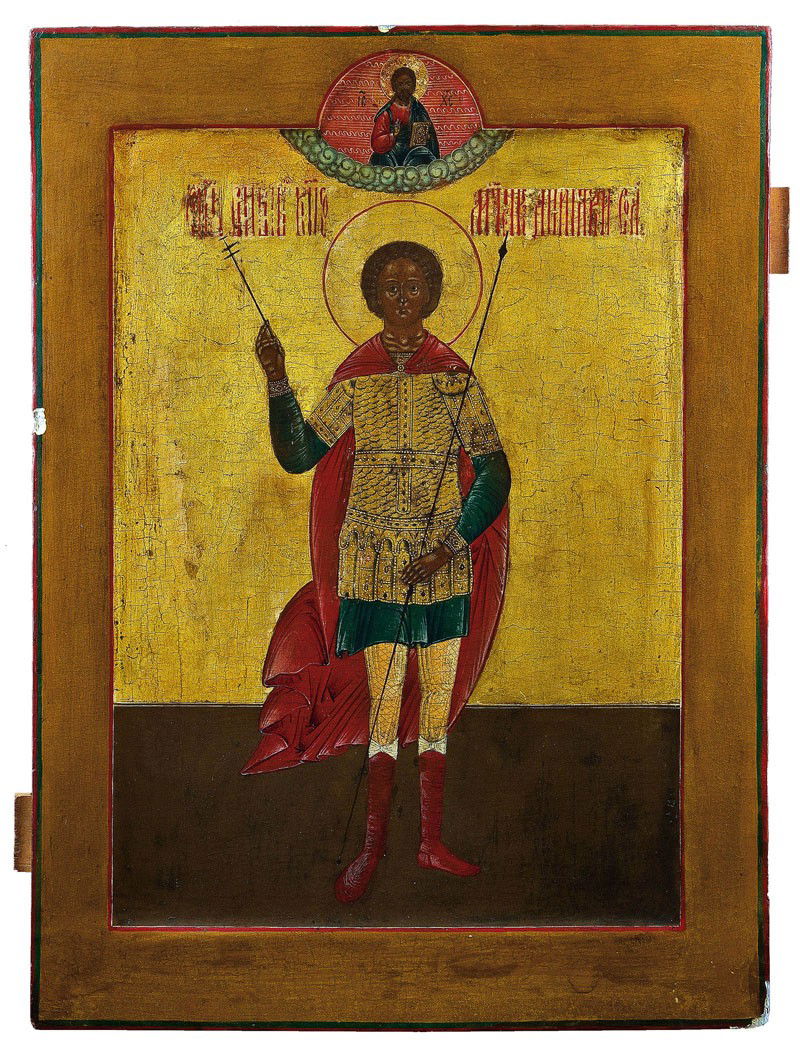 Große Ikone mit dem Heiligen Demetrius von Salonik: Katalogbeschreibung deutsch: Große Ikone mit dem Heiligen Demetrius von Saloniki Russland, 19. Jh. Verbund aus zwei Nadelholz-Brettern mit zwei Rückseiten-Sponki. Verso auf einer Querleiste eingest