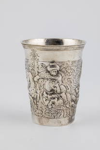 Rare cup: Rare Austria-Hungary cup, around 1680 silver. On the wall three mounted orientals hunting lions. On the lip rim crowned monogram. Bottom stamped with city and unknown maker's mark, year stamp and